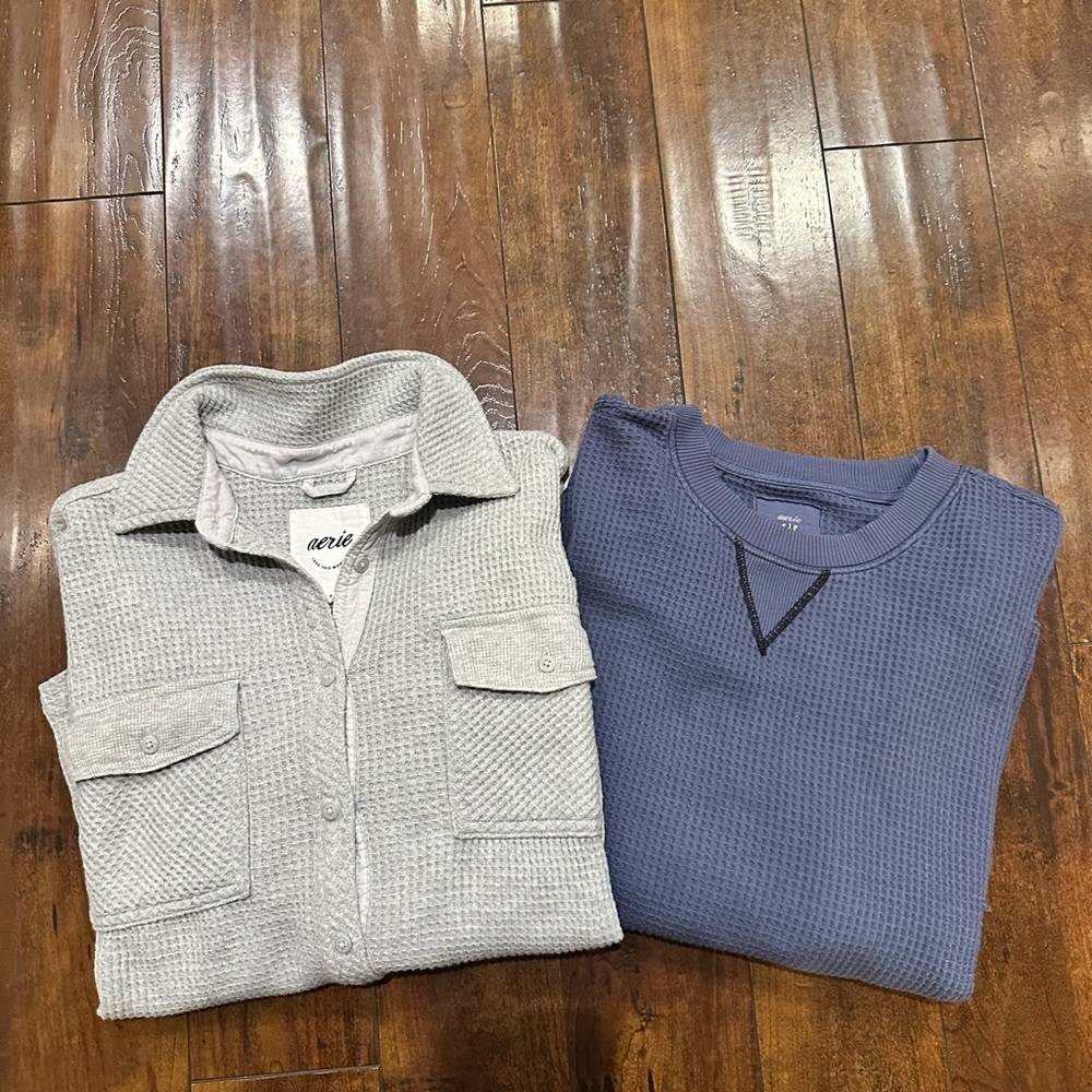 Two Aerie Waffle Tops Light Gray Button Down Shirt